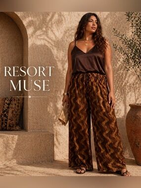 Retro Velvet Wavy Wide Leg Pants 4XL Gold Brown Statement